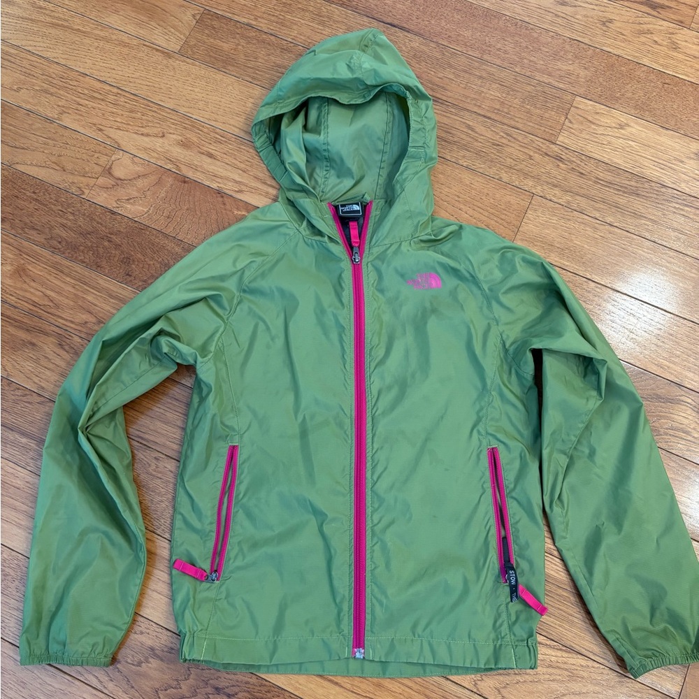 The North Face Kids Green Hooded Jacket with Pink Accents